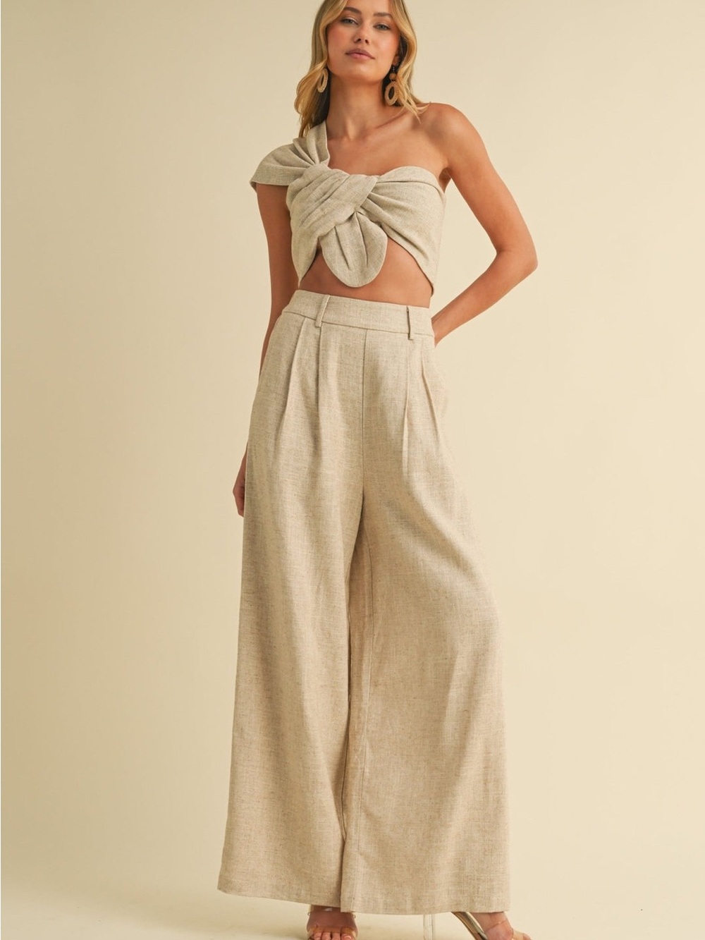 High-Rise Wide-Leg Linen-Blend Pants and Top Set  in Beige